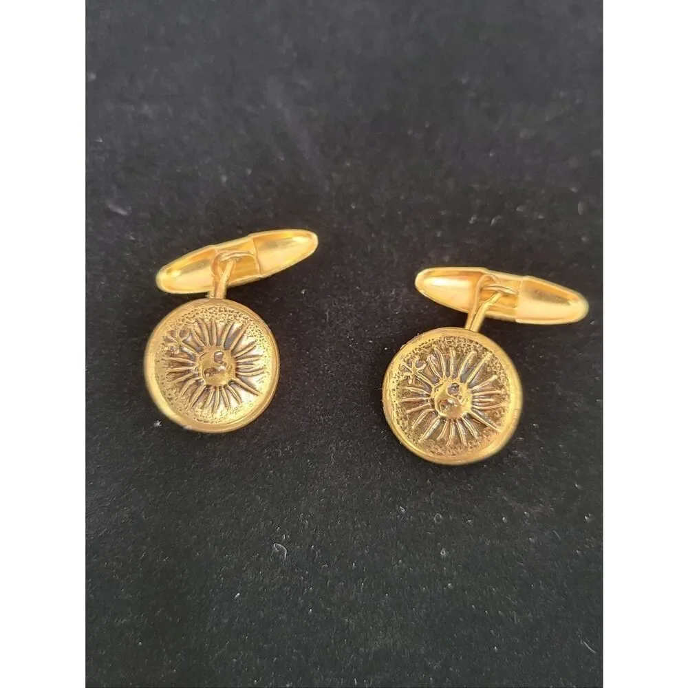 Vintage Gold tone Cufflinks with Raised Repousse Sunshine Sun Face on Front